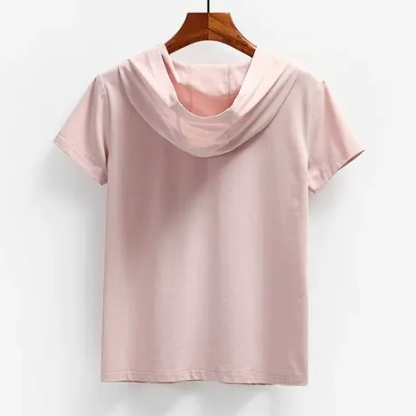 连帽短袖t恤女夏季薄款纯色棉内搭打底带帽白色休闲上衣大码帽衫商品大图