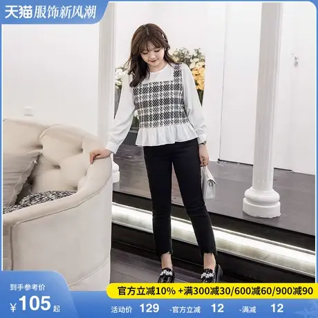 绮娑大码女装胖mm2023年秋季新款套头格子拼接假两件气质长袖上衣图片