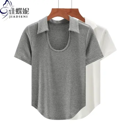 夏季新款韩版翻领修身纯棉纯色下摆圆弧纯欲短袖体恤上衣内搭女装图片