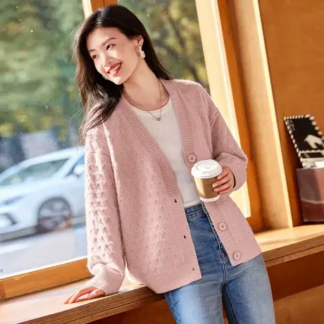 时尚气质温柔2023年秋季新款女装v领宽松韩版短款长袖开衫毛衣商品大图