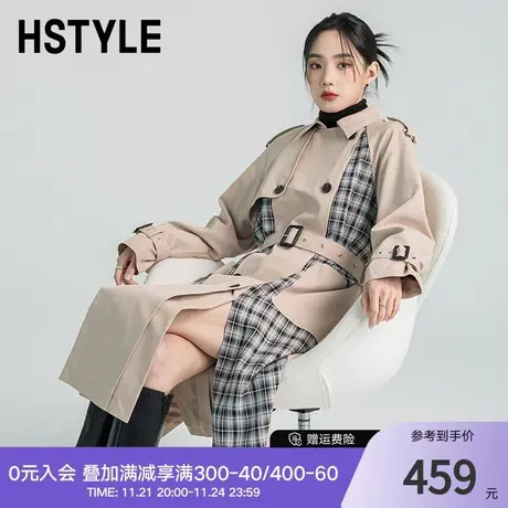 韩都衣舍双排扣风衣外套女秋新款格纹拼接长款大衣PV9789图片