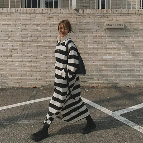 春秋新款条纹卫衣连衣裙女过膝长款韩版宽松大码时尚休闲T恤裙子图片