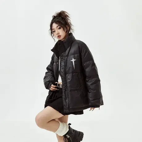 YEP复古黑色轻薄羽绒服女2023年新款冬季外套潮牌宽松立领面包服商品大图