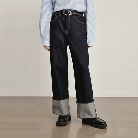 omont蛋挞家 复古纯棉原色牛仔裤女2023秋冬新款高腰显瘦直筒裤子商品大图