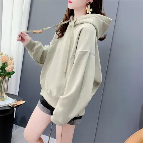 加绒加厚纯色连帽卫衣女冬季2023年新款韩版宽松小个子设计感上衣商品大图
