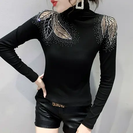 加绒打底衫女秋冬紧身内搭长袖T恤性感镂空小衫设计感洋气上衣潮商品大图