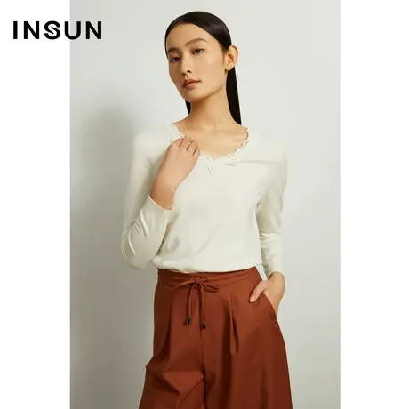 INSUN恩裳奥莱秋季蕾丝领休闲纯色毛针织衫商品大图