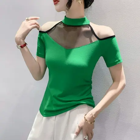 欧货网纱拼接T恤女短袖洋气性感露肩小衫夏季修身显瘦上衣设计感商品大图