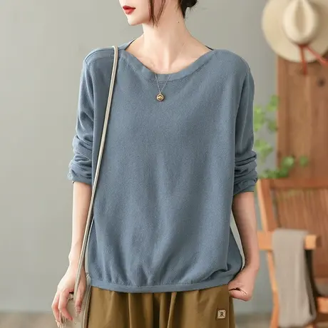 dza 复古纯色棉线针织衫女士春秋洋气上衣内搭打底衫休闲长袖毛衣商品大图