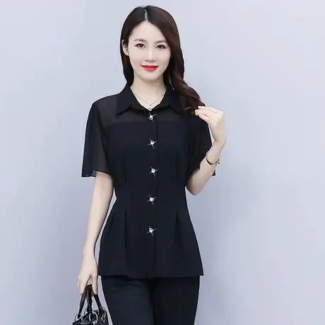 雪纺上衣衬衫女夏短袖小众设计感法式2025新款收腰大码遮肚子显瘦商品大图