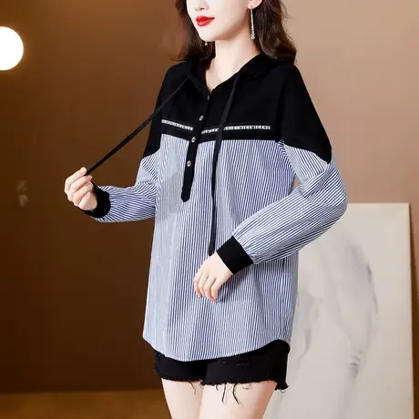 2023秋季新款时尚设计感小众连帽条纹衬衫女打底衫休闲宽松卫衣女图片