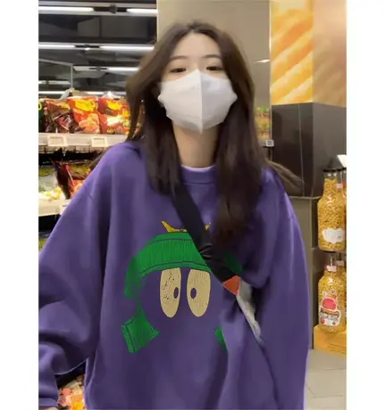 秋冬新款圆领卫衣女薄款2023韩版宽松长袖紫色上衣学生百搭外套潮商品大图