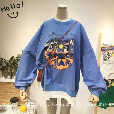 荷叶边拼接卫衣韩国东大门chic慵懒休闲假两件套装宽松卫衣大码商品大图