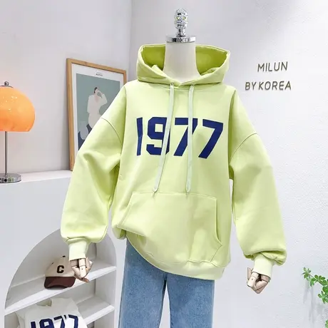 2023春秋新款外套韩版慵懒休闲连帽上衣长袖卫衣复古美式简约宽松商品大图