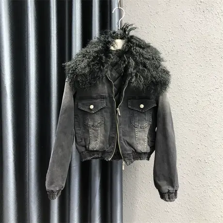 个性毛领上衣女2023冬季新款网红同款复古做旧夹棉保暖长袖外套潮图片