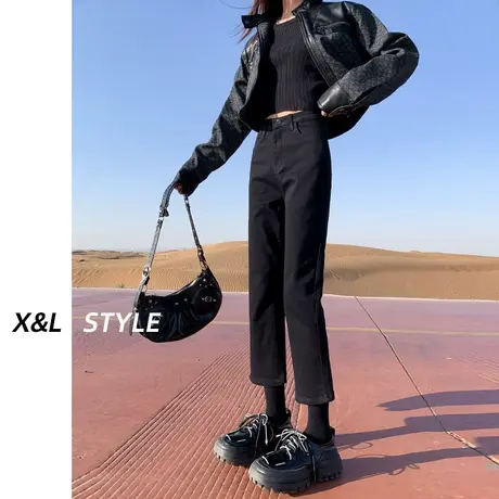 黑色直筒牛仔裤女秋冬2023新款显瘦小个子九分显高加绒窄版烟管裤图片