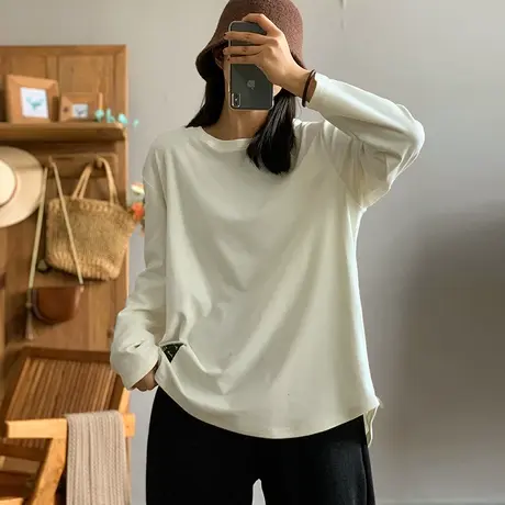 dza复古纯色全棉双面绒T恤女秋冬洋气内搭上衣宽松短款长袖打底衫商品大图