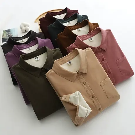 加绒加厚纯棉衬衫女灯芯绒百搭宽松显瘦保暖打底衫秋冬季打底上衣图片