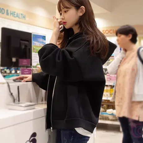 连帽卫衣女2023新款秋冬季小个子宽松韩系慵懒风加绒加厚开衫外套图片