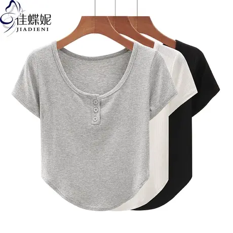 夏季新款韩版圆领纯棉修身纯色纯欲短款短袖体恤上衣内搭女打底衫商品大图