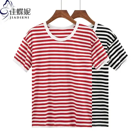 夏季新款韩版圆领撞色宽松休闲条纹纯棉短袖体恤上衣内搭女打底衫商品大图