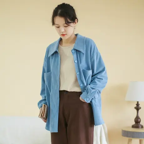【买一送一】秋新品灯芯绒复古长袖衬衫大码大口袋宽松衬衣商品大图