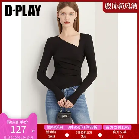 DPLAY春设计感黑色美背不对称斜领捏褶弹力修身长袖上衣小衫商品大图