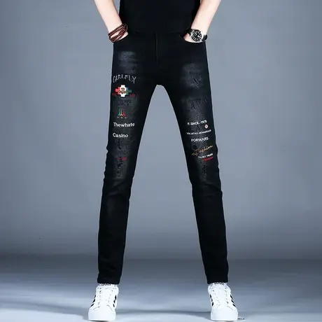 秋冬男士新款牛仔裤男款时尚修身精致刺绣花小脚裤子潮牌美式高街图片