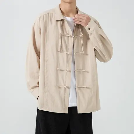 秋季2023纯棉男长袖衬衫加肥加大码纯色复古水洗户外休闲工装衣服商品大图