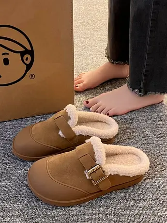 勃肯鞋加绒女鞋2023冬季新款软底软木防滑厚底包头毛毛拖鞋女外穿图片