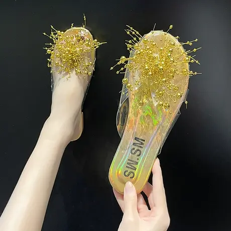 包头半拖鞋女夏外穿2023年新款平底水钻珍珠透明软底鱼嘴凉拖鞋女图片