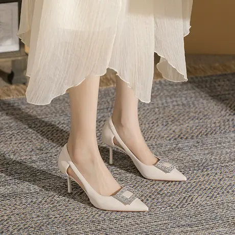 尖头高跟鞋女细跟2024年夏季新款镂空气质浅口仙女风水钻职业单鞋图片