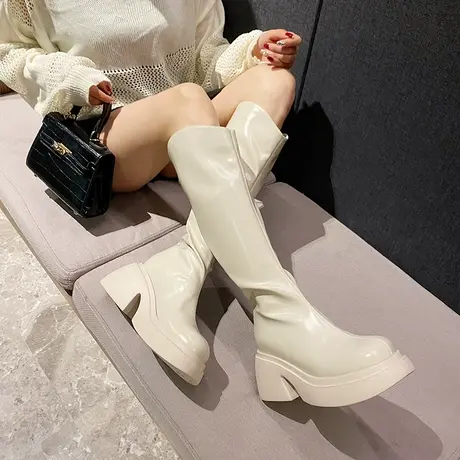 骑士靴女厚底2024新款小个子不过膝长筒靴粗跟长靴中跟高筒马丁靴商品大图