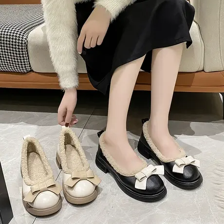 一脚蹬毛毛鞋女2024新款秋冬季加绒小皮鞋粗跟单鞋蝴蝶结浅口女鞋商品大图