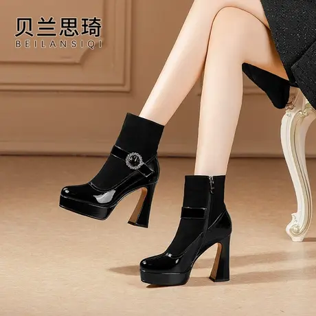 真皮拼接水钻圆头厚底粗跟短靴女2023秋冬季新款防水台高跟马丁靴图片