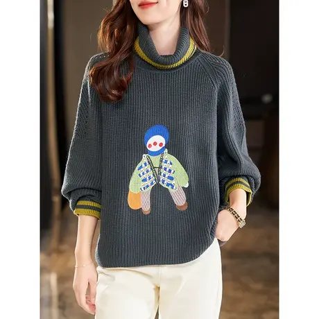 宝诗黎高领刺绣慵懒宽松毛衣女套头2023秋冬季新款内搭打底针织衫商品大图