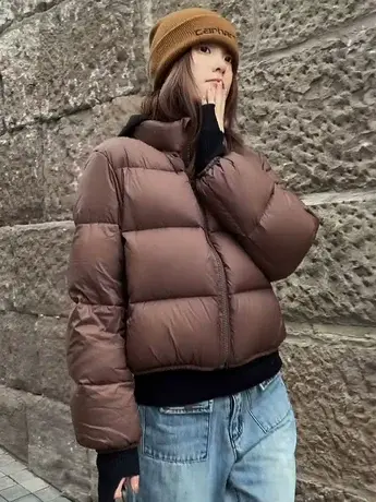 2023年新款咖色肯豆短款羽绒服女白鸭绒面包服冬季立领小个子外套商品大图