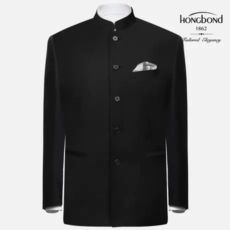 红邦创衣 西服套装男立领青年装羊毛灰黑条纹礼服男新郎礼服套装商品大图