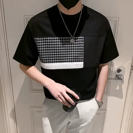 夏季男士t恤打底衫短袖半袖潮流潮牌格子拼接时尚休闲ins日系体恤商品大图