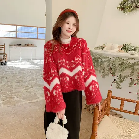 othermix 撞色圆领毛衣女2023秋冬新款宽松休闲软糯针织短款上衣图片