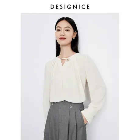 迪赛尼斯设计感衬衣2023春秋新款通勤风宽松长袖V领杏色雪纺衬衫图片