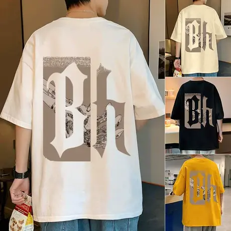 美式短袖T恤男夏季2023新款男装宽松半袖上衣ins潮流印花纯棉体恤商品大图