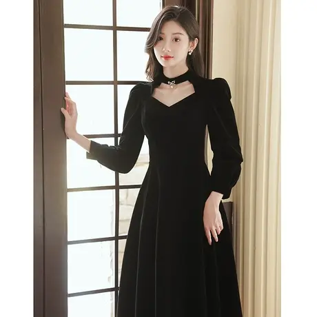 法式小晚礼服裙女2023新款气质名媛party聚会高端黑色长袖中长款图片