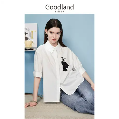 【赫本猫联名】Goodland美地女装2023夏季收褶刺绣衬衫通勤风商品大图