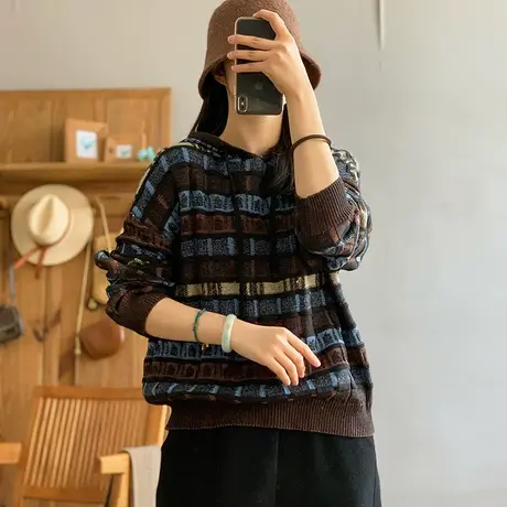 dza 复古格纹连帽套头毛衣外套女春秋新款外搭长袖针织衫休闲上衣图片