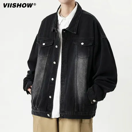 VIISHOW高级感痞帅黑色牛仔外套男新款2024春秋季复古青少年夹克商品大图