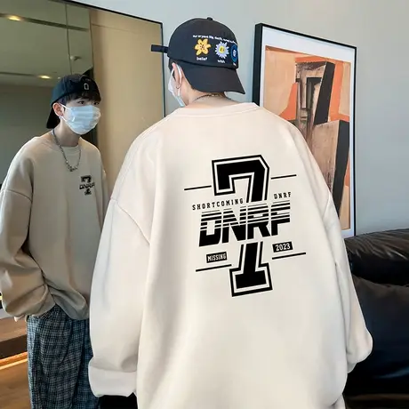 卫衣男美式复古秋冬款ins印花长袖内搭潮流ins大码重磅无帽落肩袖商品大图