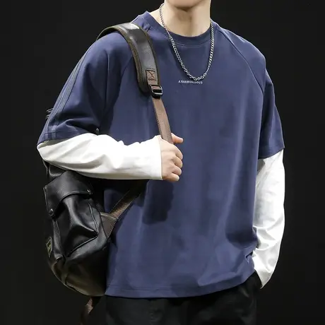 拼色长袖t恤男春季2024新款纯棉潮牌大码男士内搭打底重磅春秋款图片