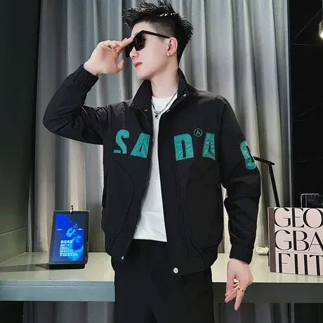 轻熟夹克男春季潮牌韩版撞色字母设计感立领褂子休闲痞帅男装外套商品大图
