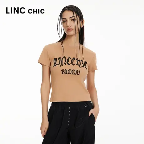 LINCCHIC金羽杰短袖上衣女摩登复古截短正肩修身T恤女S241TS023Y图片